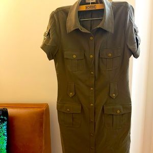 Olive green Calvin Klein dress with with button detail.